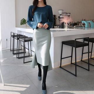 Band-waist Wool Blend Dip-back Skirt