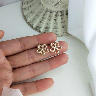 Rhinestone Flower Earring 1 Pair - 925 Silver - White & Gold - One Size
