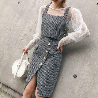 Set: Mesh Long-sleeve Top + Plaid Camisole Top + Front Slit Pencil Skirt