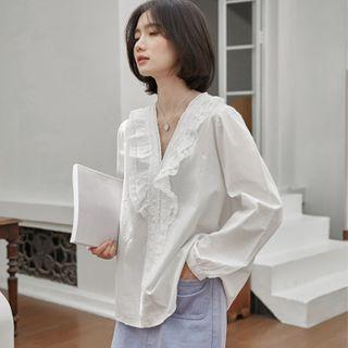 V-neck Lace Ruffle Trim Blouse White - One Size