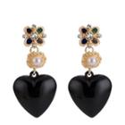 Faux Pearl Rhinestone Flower Heart Dangle Earring 1 Pair - Black - One Size
