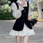 Long-sleeve Dotted Mini Collared Dress / Button-up Mini Overall Dress