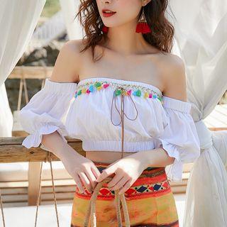 Set: 3/4-sleeve Off-shoulder Top + Printed Midi A-line Beach Skirt