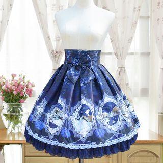 Bow Accent Lace Hem Printed A-line Skirt
