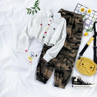 Contrast Button Cropped Shirt / Camo Harem Pants
