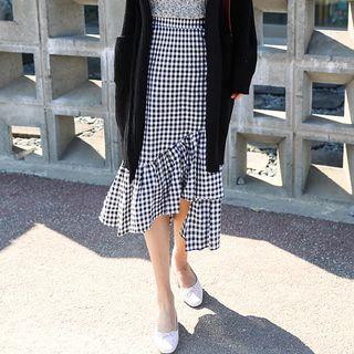 Button-front Gingham Midi Skirt