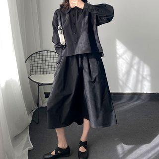 Set: Plain Long-sleeve Shirt + Band-waist Midi A-line Skirt