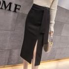 Sashed Front-slit Midi Pencil Skirt