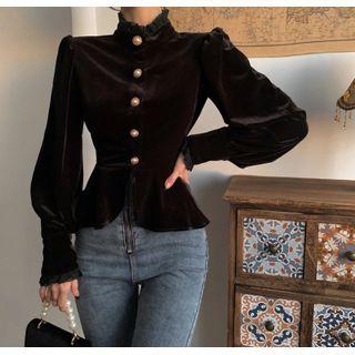 Puff-sleeve Mock-neck Velvet Blouse