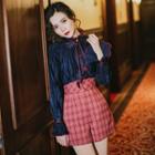 Bell-sleeve Bow Accent Blouse / Plaid Shorts