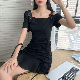 Belted Shoulder Strap Ruched Mini Sheath Dress