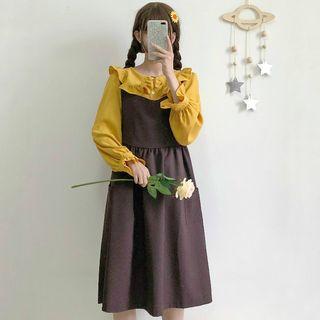 Frill Trim Blouse / Plain Pinafore Midi Dress
