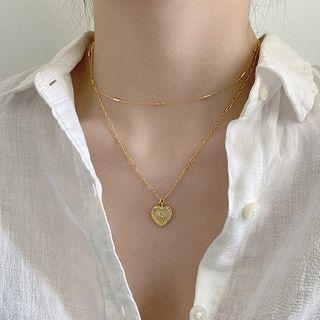 925 Sterling Silver Heart Pendant Layered Necklace 1 Pc - Gold - One Size