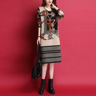Long-sleeve Printed Midi Shift Knit Dress