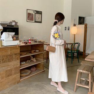 Mandarin-collar Shirred Long Dress