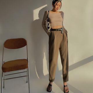 High-waist Tapered Dress Pants With Belt