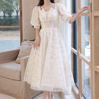 Puff-sleeve Floral Midi Cocktail Dress