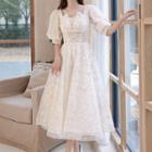 Puff-sleeve Floral Midi Cocktail Dress
