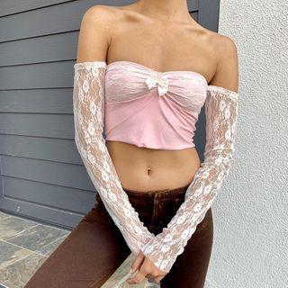 Off-shoulder Lace Panel Long-sleeve Crop Top