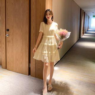 Short-sleeve Dotted Chiffon Layer A-line Mini Dress