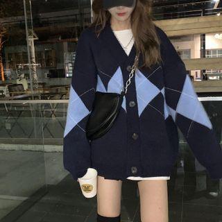 V-neck Argyle Cardigan Navy Blue - One Size