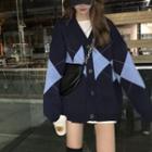 V-neck Argyle Cardigan Navy Blue - One Size
