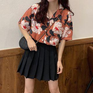 Flower Print Elbow-sleeve Shirt / Pleated Mini A-line Skirt