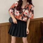 Flower Print Elbow-sleeve Shirt / Pleated Mini A-line Skirt