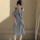 Elbow-sleeve Cutout Striped Midi Dress