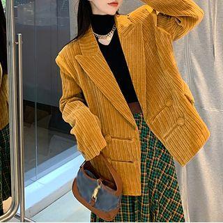 Plain Blazer / Plaid Midi A-line Skirt / Turtleneck Knit Top