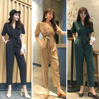Plain Short-sleeve Slim-fit Jumpsuit