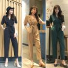 Plain Short-sleeve Slim-fit Jumpsuit