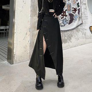 Frog-button Slit Midi A-line Skirt
