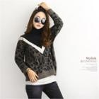Turtle-neck Color-block Leopard Sweater Brown - One Size