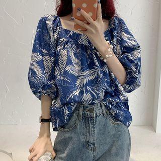 Elbow-sleeve Leaf Print Square-neck Top