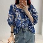 Elbow-sleeve Leaf Print Square-neck Top
