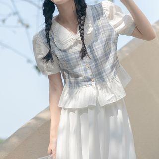 Puff-sleeve Collar Plaid Panel Top Blue - One Size