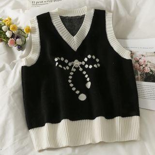 Pearl Ribbon-print Knit Vest Black - One Size