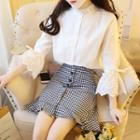 Set: Ruffle Trim 3/4-sleeve Blouse + Plaid A-line Skirt