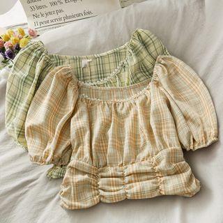 Boatneck Pearl-neckline Chekcer Crop Top