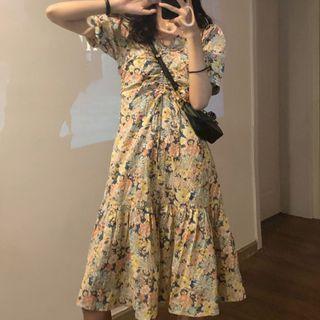 Short-sleeve Floral Print Drawstring Midi A-line Dress As Shown In Figure - One Size