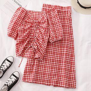 Set: Short-sleeve Plaid Top + Skirt