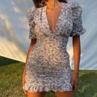 Short Sleeve V-neck Floral Print Ruffled Ruched Mini Dress
