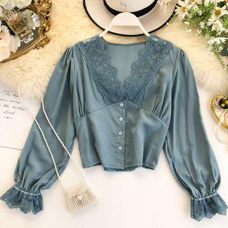 Balloon-sleeve Lace Trim Cropped Blouse