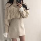 Turtleneck Cropped Sweater / Irregular Wrap Mini A-line Skirt