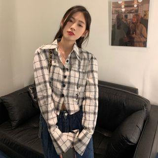 Cropped Plaid Shirt White - One Size