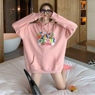 Long-sleeve Cartoon Printed Hooded Pullover Pink - One Size