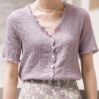 Frilled Trim Short-sleeve Chiffon Button Top