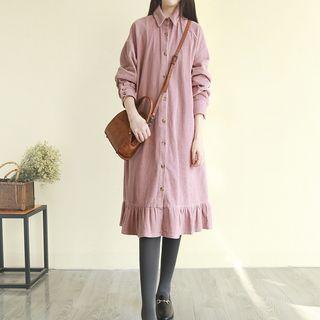 Long-sleeve Corduroy Ruffle Hem Midi Shirt Dress