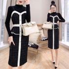 Set: Knit Top + Contrast Trim Plaid Pinafore Dress